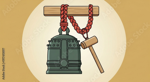 Green metal bell with red rope and wooden mallet on beige background