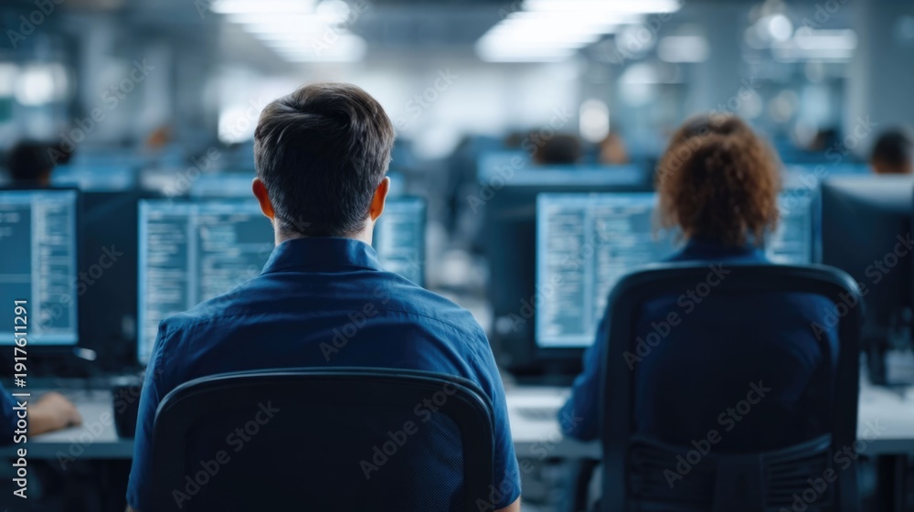 Fototapeta premium View from behind of two employees working intensely at their computer stations in a contemporary office with screens showing code or data highlighting teamwork and technological advancement