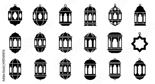 Lantern Icons Set in Simple Black Silhouette Style on White Background for Graphic Design