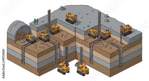 Isometric illustration of a detailed underground mining operation with various machinery.