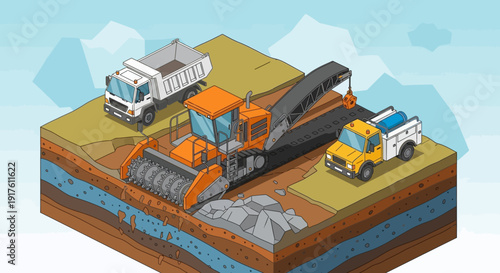 Isometric view of heavy machinery working on a construction site.
