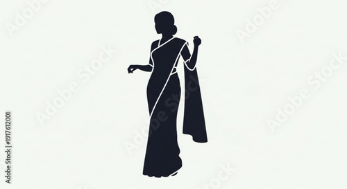 Silhouette of woman wearing traditional indian sari standing in elegant pose with white outline on light background