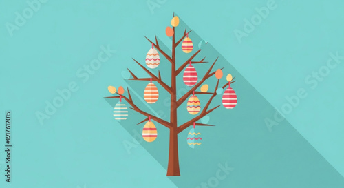 Colorful easter tree with striped eggs on branches against teal background symbolizing springtime and holiday cheer