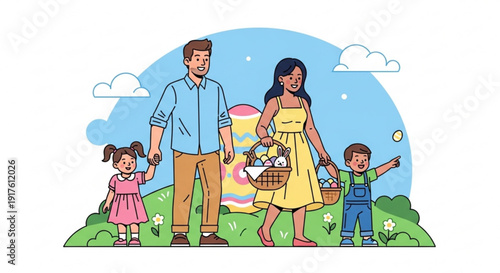 Happy family with two children enjoying easter outdoors sunny day with colorful background