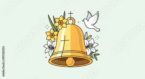 Golden church bell with cross flowers and dove symbolizing peace and spirituality in a serene religious context
