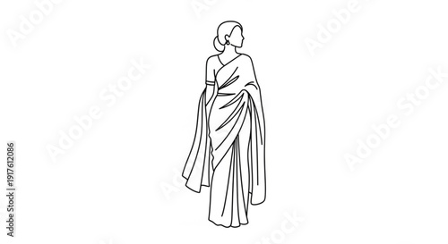 Woman wearing traditional indian sari standing alone in minimalist line art style on white background