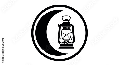 Lantern with Crescent Moon in Minimalist Black Silhouette on White Background for Logo Design