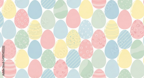 Colorful easter eggs pattern with pastel hues and textures on white background for holiday designs