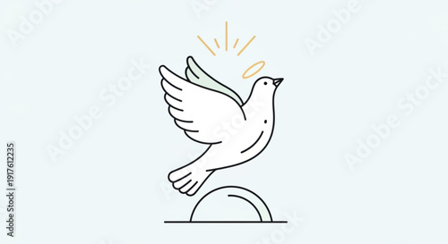 Dove flying upwards with sun rays and halo symbolizing peace hope and freedom in a simple line art style