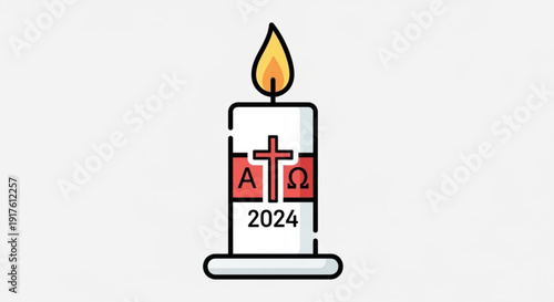 Candle with cross and alpha omega symbols on white background representing faith and spirituality for easter or christian celebration 2024