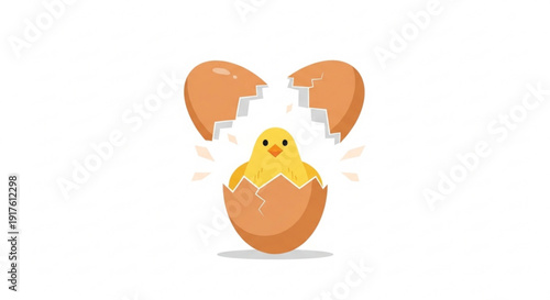 Cute yellow chick emerging from cracked brown eggshell with white background symbolizing new life and growth