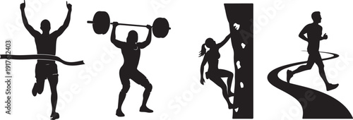 Athletes Silhouettes: Runner Crossing Finish Line Weightlifter Climber and Runner on Path Isolated on white background