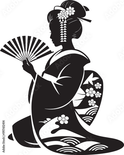 Silhouette of Japanese geisha woman holding fan, wearing traditional kimono, gray checkered background