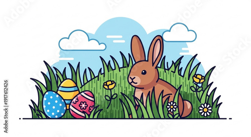 Brown easter bunny sitting in green grass with colorful eggs and flowers on sunny day with blue sky
