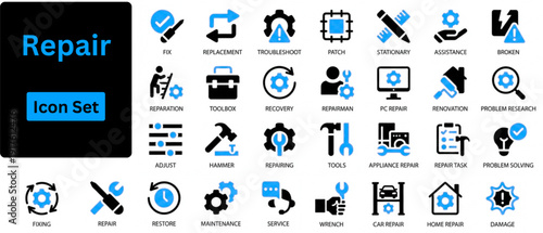 repair solid icon set contains help, assist, service, care, guide, advice, aid, solve, contact, support. Solid icons set. 