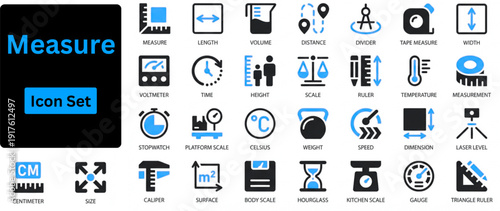 Measure solid icon set contains tape measure, ruler, caliper, protractor, laser level, measuring wheel icons. Solid icon set. 