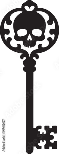 Black silhouette of an ornate old skeleton key with a skull head on the bow