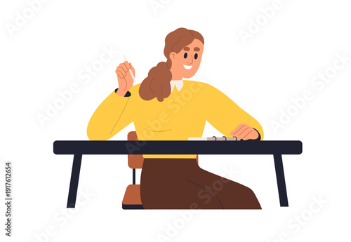 Woman sitting at desk, writing in notebook. Young female smiling, holding pen, planning and taking notes in planner, notepad. Teacher at table. Flat vector illustration isolated on white background
