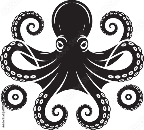 Black silhouette of octopus with long tentacles and circular suction cups against gray checkered background