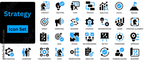 Strategy solid icon set. Business Strategy icon set contains issue, develop, mind, guidance, progress, decision, leadership .Solid icons set. 
