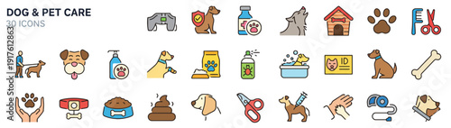 Pet Care Icons Collection Featuring Dogs and Various Pet Care Tools