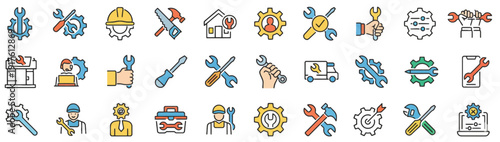 Collection of colorful icons representing various tools and equipment used in construction and industry settings