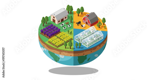 Isometric Farm World Globe with Agricultural Landscapes and Buildings.