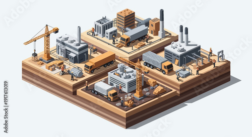 Isometric industrial complex with factories and construction sites.