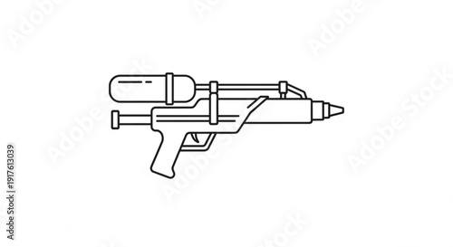 Futuristic sci fi blaster gun with scope and barrel sleek design black line art on white background concept for gaming or futuristic technology