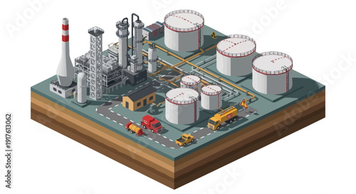 Isometric view of a detailed industrial oil refinery complex.