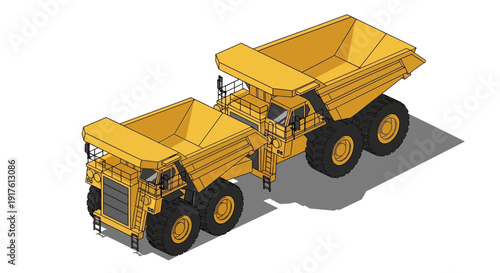 Two Yellow Mining Dump Trucks in Isometric View.