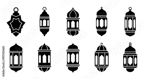 Islamic Lanterns Collection in Minimalist Black Silhouette on White Background for Cultural Design