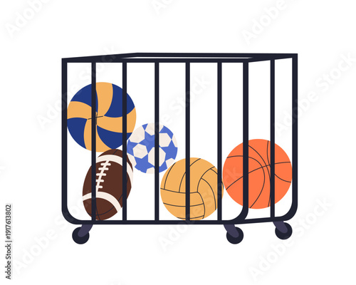Sports balls storage cart. Rolling trolley rack with different PT gym equipment for basketball, soccer, volleyball, football and rugby games. Flat vector illustration isolated on white background