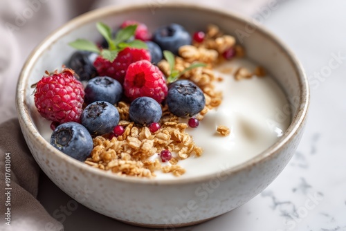 Probiotic yogurt with live cultures topped with fresh berries and granola in white bowl, prepared as healthy breakfast choice to support digestive wellness, gut balance, and daily nutrition routine.