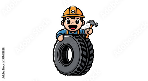 Cartoon mechanic holding a large tire and wrench.