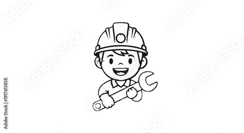 Cartoon repairman holding a wrench and smiling.