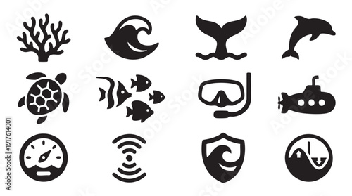 Ocean marine life icon collection. Includes coral, sea turtle, fish, whale, dolphin, submarine, and eco symbols. Created in minimalist style with black silhouette.