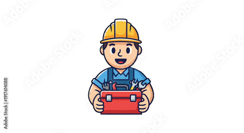Young Cartoon Construction Worker Holding Toolbox, Wearing Hard Hat and Blue Overalls, Isolated White Background