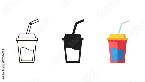 Bright and vibrant vector illustration of three different colored iced drink cups with straws, perfect for beverage promotions, summer campaigns, and fast food advertisements.