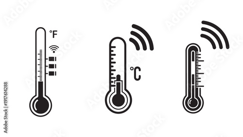Digital Thermometer Icons Showing Temperature Readings and Wireless Sensor Illustration for Clinical Screening and Remote Monitoring