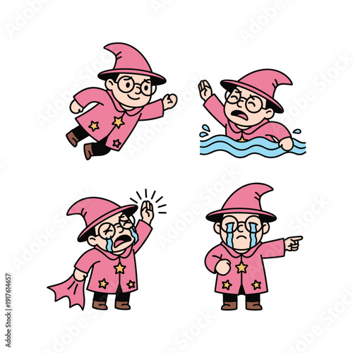 Cartoon wizard experiencing various misadventures in a humorous illustration with copy space