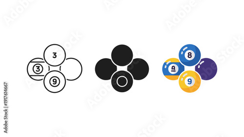 High-quality image of vibrant numbered pool balls arranged in groups, showcasing classic black, white, and multicolored designs ideal for games, sports, and business concepts.