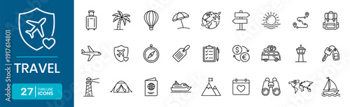 Travel Vacation and Tourism Transport Thin Line Icon Set