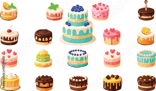 Assorted cake illustration set featuring colorful celebration cakes with cream, chocolate and fruit toppings, hand drawn vector dessert collection isolated on white background