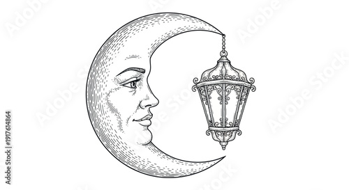 Crescent Moon with Human Face Holding Lantern in Stippling Style with Soft Black and White Tones for Mystical Illustration