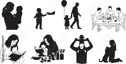 Diverse Family Silhouettes: Parents and Children in Various Activities Isolated on white background