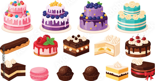 Assorted dessert illustration set featuring cakes, pastries, macarons and chocolate treats, colorful hand drawn vector sweets collection isolated on white background