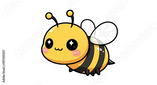 Cute cartoon bee with big eyes and rosy cheeks flying happily
