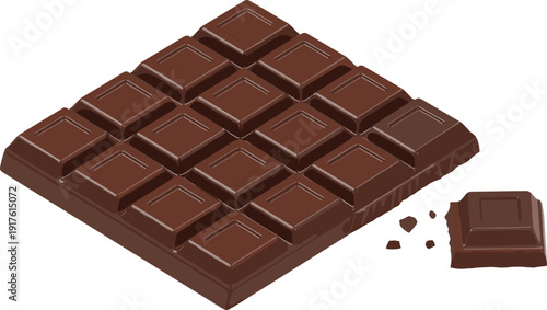 Chocolate bar illustration featuring broken dark chocolate pieces, delicious sweet dessert vector artwork isolated on white background