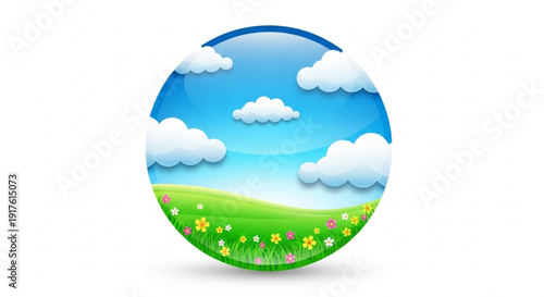 Colorful cartoon landscape with blue sky fluffy white clouds green grass and vibrant wildflowers in a circular frame